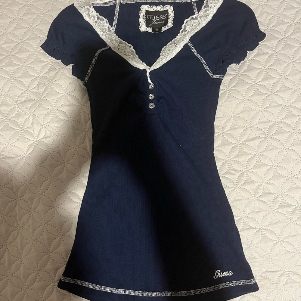 Vintage Y2K 2000s guess babydoll henley style top bella swan navy blue